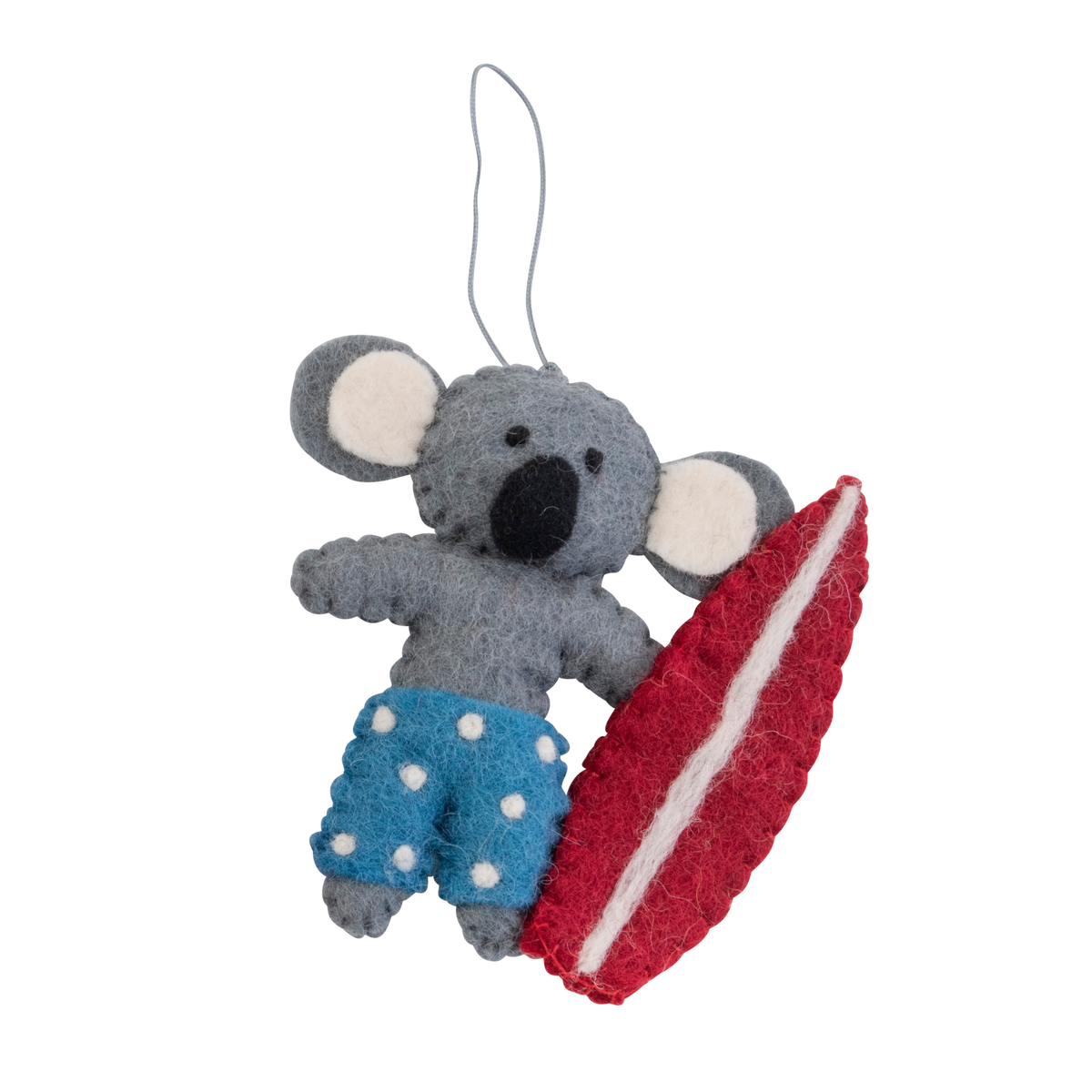 Surfing Koala in blue shorts Christmas tree decoration