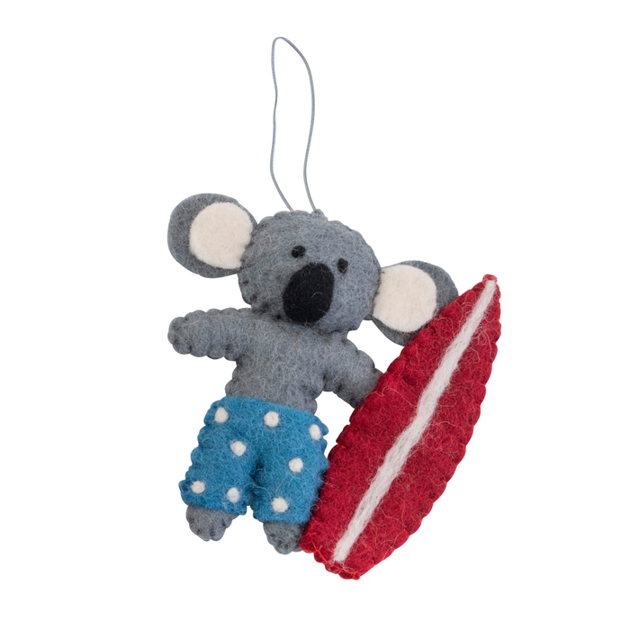 Surfing Koala in blue shorts Christmas tree decoration