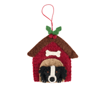 Christmas Collie in Kennel Decoration featuring a felt ornament of a Collie in a cozy kennel.
