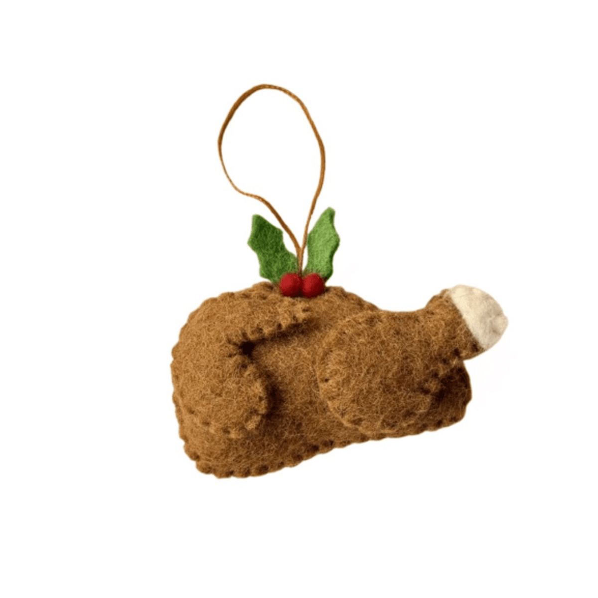 Christmas Roast Turkey decoration hand-stitched in wool, finished with holly, perfect for festive tree adornment.