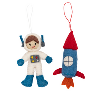 Christmas Astronaut & Rocket Decoration featuring a felt astronaut and rocket ornaments for festive decor