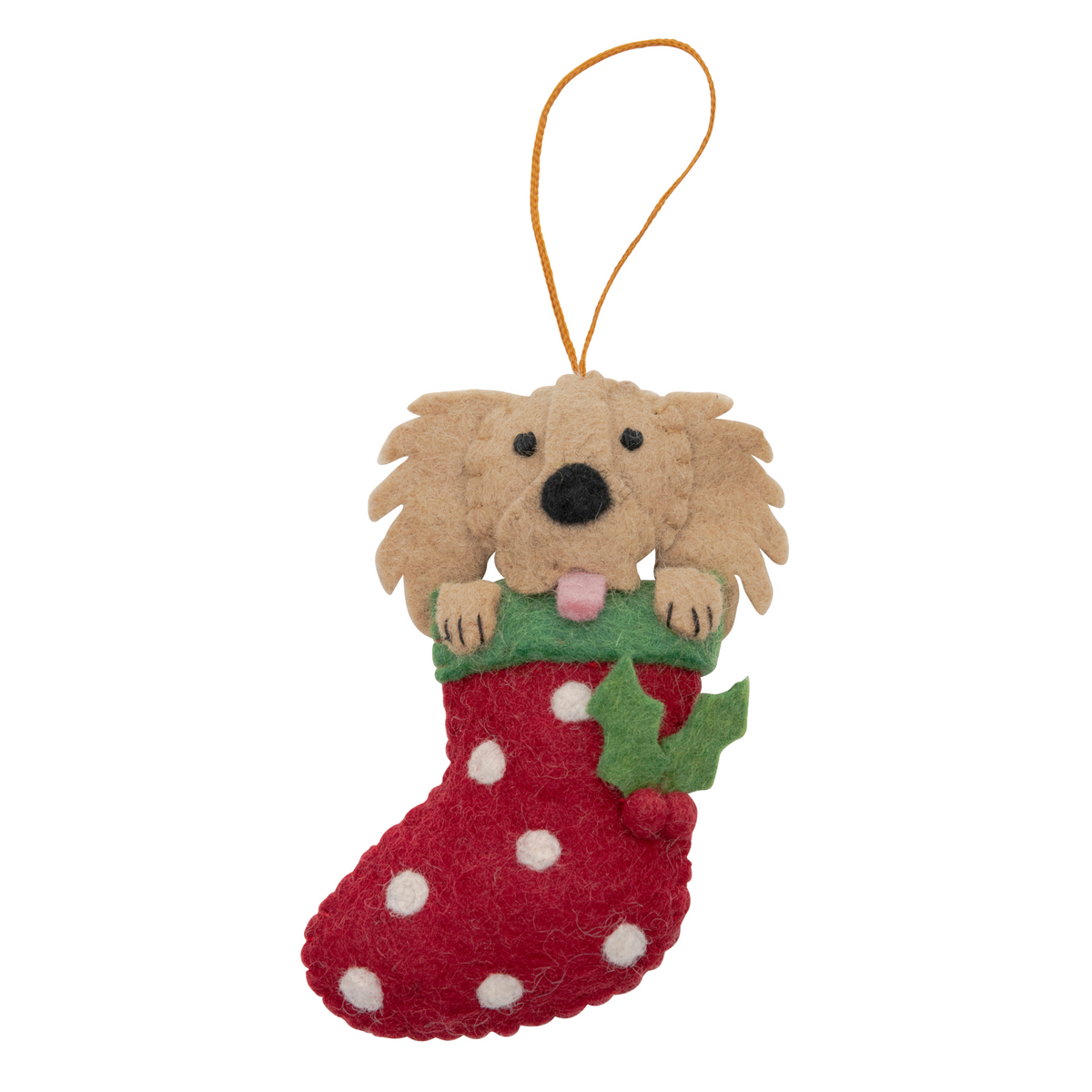 Christmas Golden Retriever in stocking decoration with a cute retriever face peeking out from a festive stocking