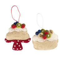 Handmade felt Christmas Pavlova decorations featuring colorful fruit toppings on a cake design.