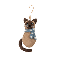 Siamese Cat Christmas Decoration: Felt ornament featuring a brown and tan Siamese cat with a blue scarf.