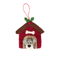 Christmas Schnauzer in Kennel ornament with felt dog in a cozy red kennel, perfect for festive decorations.