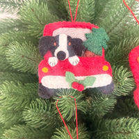 Christmas Collie in truck decoration featuring a felt ornament with a Collie in a red truck with a Christmas tree.