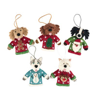 Dogs in Christmas sweater decorations featuring five cute dog ornaments in festive sweaters.