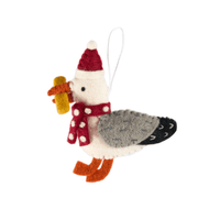 Christmas Seagull with chip hanging decoration in festive attire with a chip in its beak.