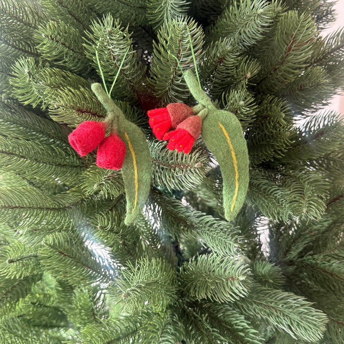 Christmas Gumnut decorations hanging on a green Christmas tree, adding a festive Aussie touch.