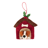 Christmas Jack Russell in kennel decoration hanging ornament with red felt house and cute dog.
