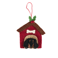 Christmas Dachshund in Kennel decoration with a red felt doghouse and Dachshund peeking out, festive ornament.
