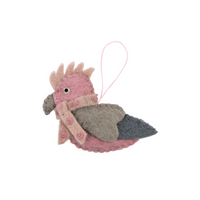 Pink Galah Christmas Decoration with felt details and a hanging loop.