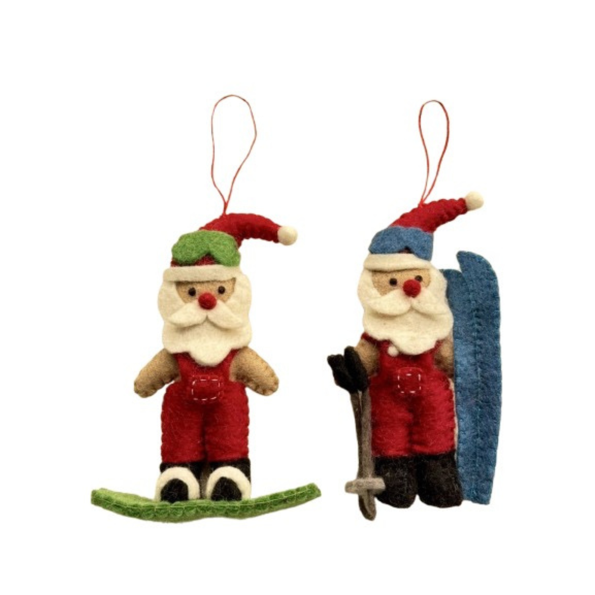 Snowboarding and skiing Santa decorations featuring handmade Santa ornaments in winter sports attire.